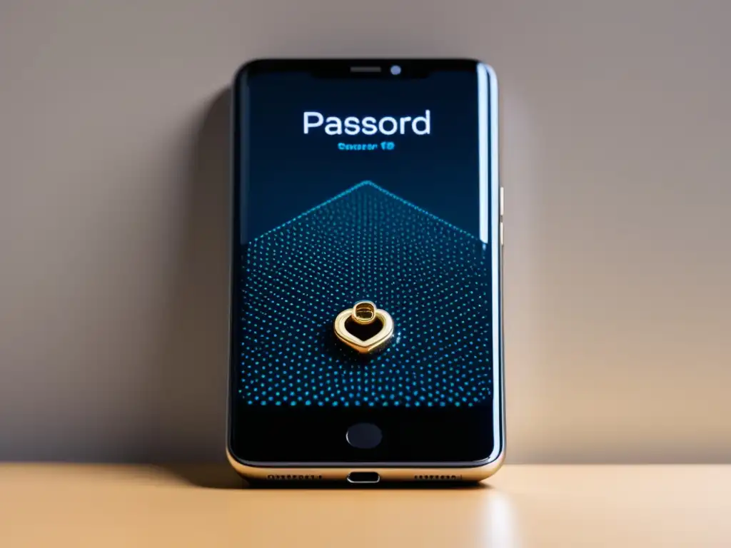 Smartphone seguro y moderno con pantalla de bloqueo Guía privacidad datos smartphones hispano: Smartphone moderno con diseño elegante y seguro, pantalla bloqueada con patrón de candados interconectados