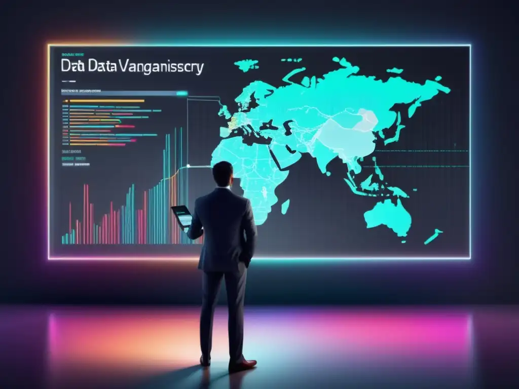 Persona analizando datos en pantalla Protección de datos automatizados: Persona en traje con lupa frente a pantalla digital con código y visualizaciones de datos