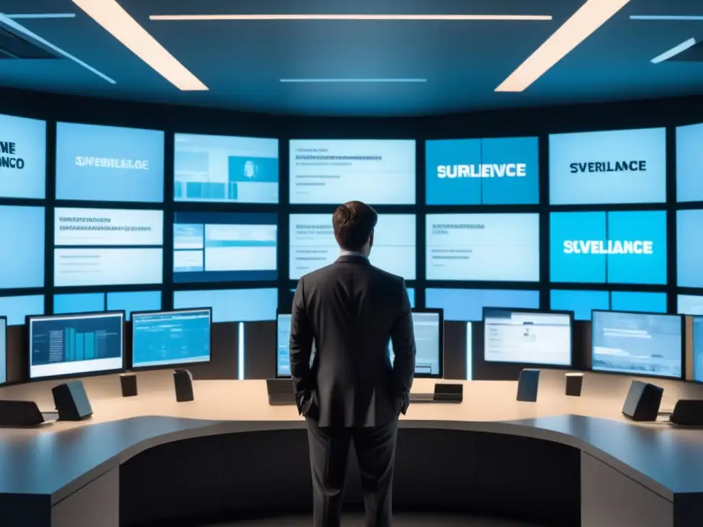 Vigilancia y privacidad en la era digital Riesgos privacidad en Sociedad Vigilancia: persona en sala monitoreo, rodeada pantallas con datos personales y ambiente minimalista